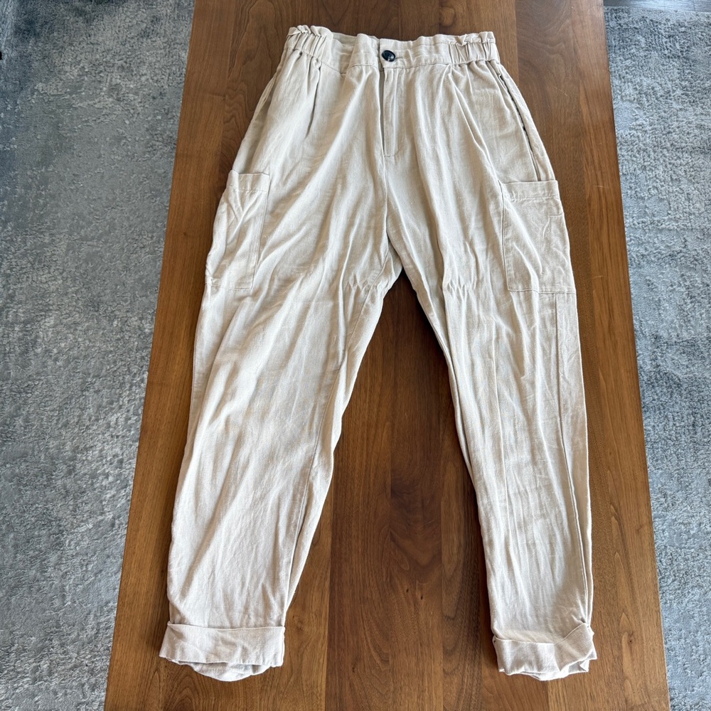 Zara Women's Linen Cargo Pants Beige Size 4